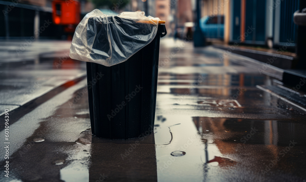 Obraz premium Modern trashcan on the street. Collection of waste in europe city. generative ai.