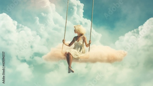 Surreal Woman having fun on a swing hanging from a cloud
