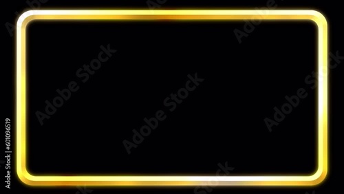 Elegant gold frame animation on transparent background loop. With alpha channel. Light sweeps with golden glow and glimmering. Rounded rectangle frame in 16:9 aspect ratio..