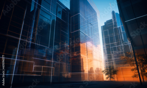 Modern city glass skyscrapes. Office futuristic design of buildings. generative ai.