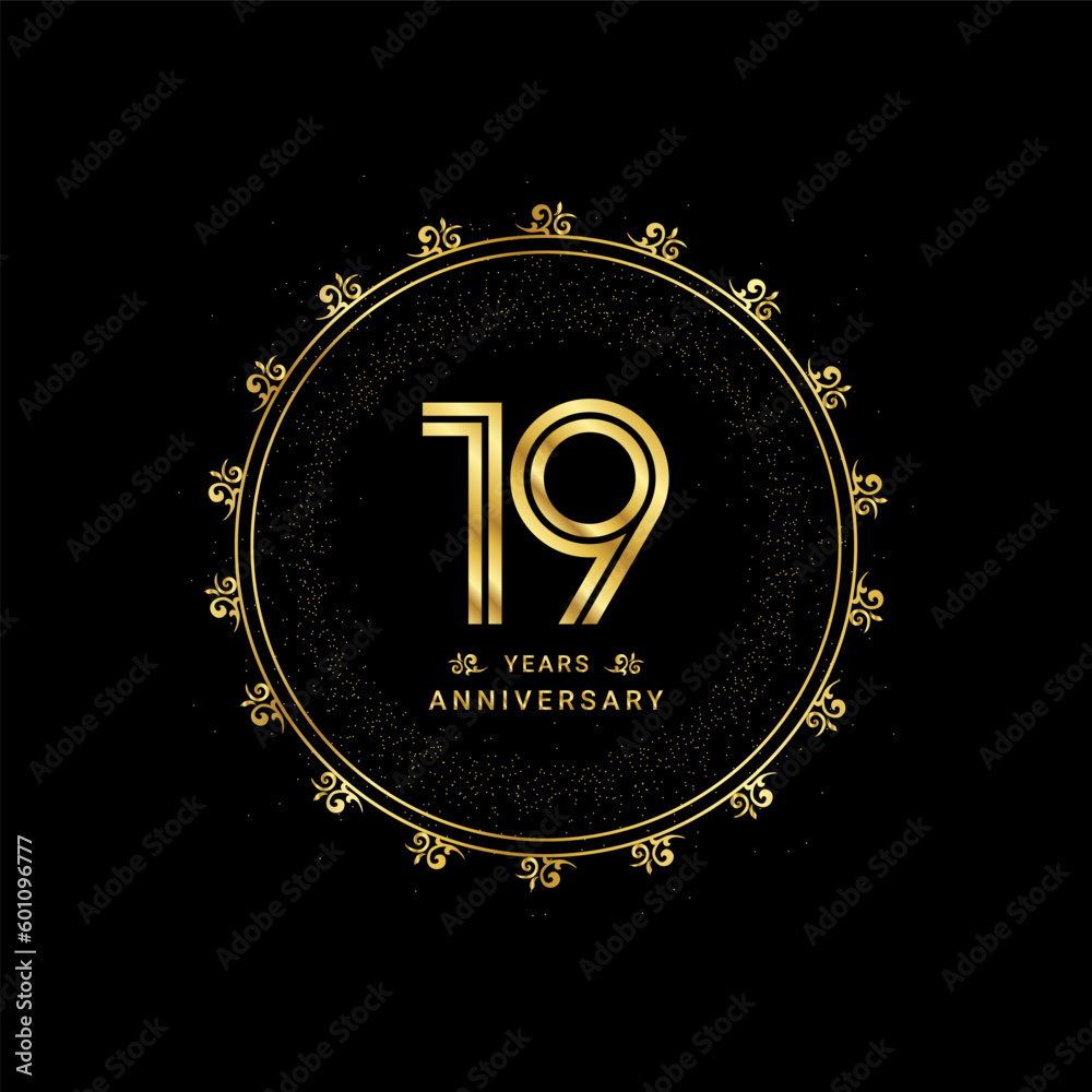 Fototapeta premium 19 years anniversary with a golden number in a classic floral design template