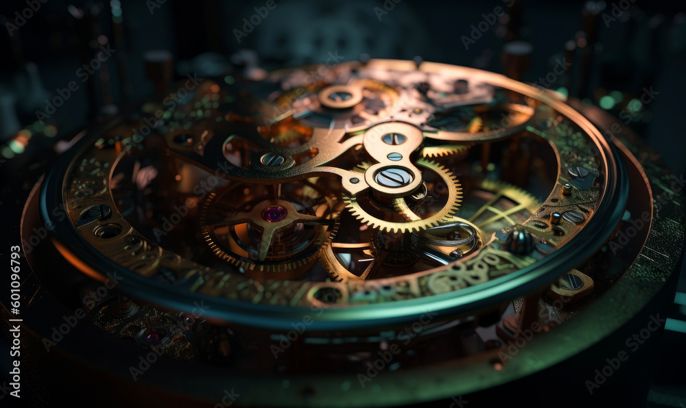 Clock mechanism close up view. Watch gear macro shot. generative ai. Clock mechanism close up view. Watch gear macro shot. generative ai.