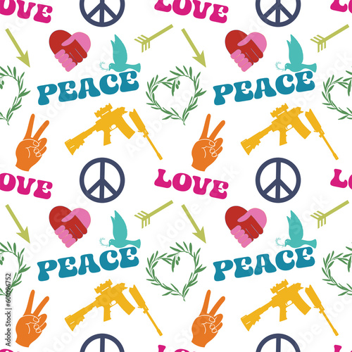Seamless overlay pattern with the words love and peace intermixed with symbols of  peace and unity in bright colors 