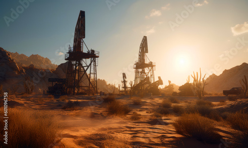 Oil digging in desert. Industrial pump digging landscape. generative ai.