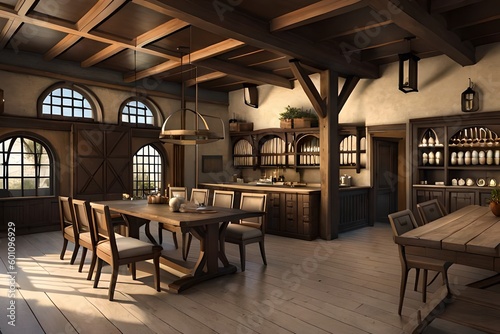 Old wooden house captain's cabin interior. 3D rendering, Medieval room for warriors to rest,
