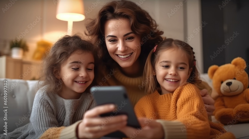 Happy mother and daughters using smart phone Happy mother and daughters using smart phone