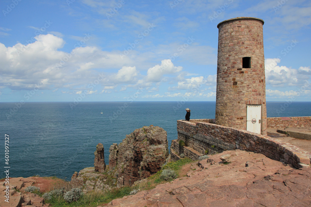 Old tower at the head of Cap Frehel, Brittany. French coast.