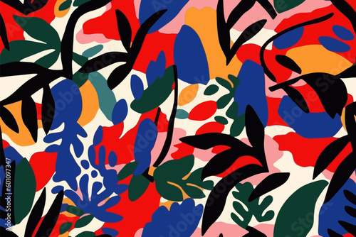 Colorful tropical abstract organic shapes pattern. Collage contemporary print. Fashionable template for design. Modern ethnic style