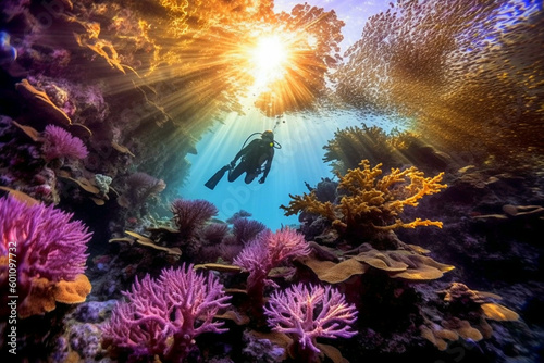 Scuba diver under the sea, coral reef, swim, caribbean, fiji, maldives, snorkel, marine life, aquatic, aqua blue, dive, travel, tourism, generative AI 