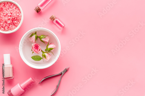 Manicure accessories with pink roses flowers. Beauty care salon spa.