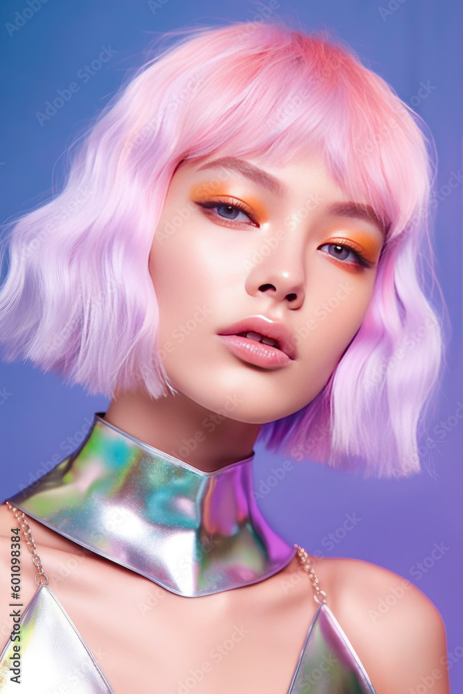 Beautiful female model in cyberpunk neon colored clothing with plastic necklace. Futuristis on colorful background. Generated AI. Beautiful female model in cyberpunk neon colored clothing with plastic necklace. Futuristis on colorful background. Generated AI.