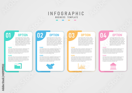 infographic 4 options business plan template for success colored squares with dotted lines Color letters and icons on white background. numbers in the upper left corner clean gray gradient background