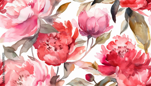Delicate floral watercolor pattern for textiles and backgrounds, watercolor peonies flowers and green leaves, soft colors, boho style on a light background, floristic vintage, Asian
