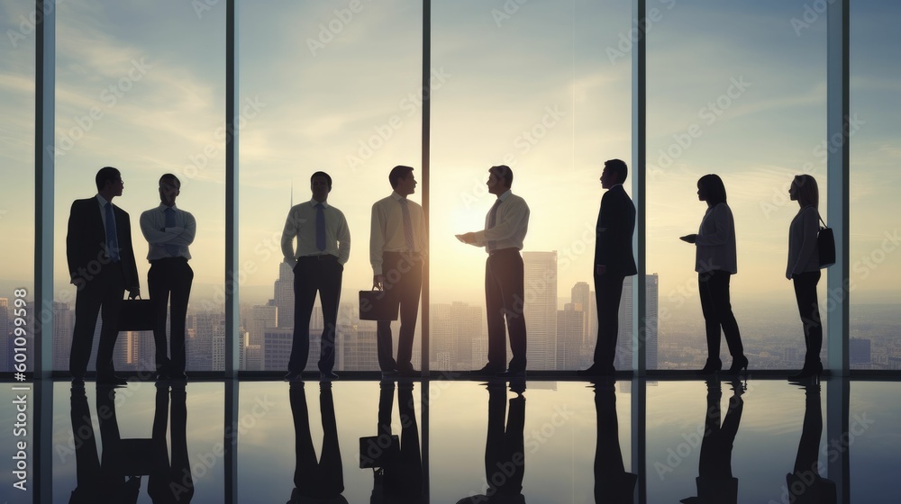 Business people looking out window with reflection Business people looking out window with reflection