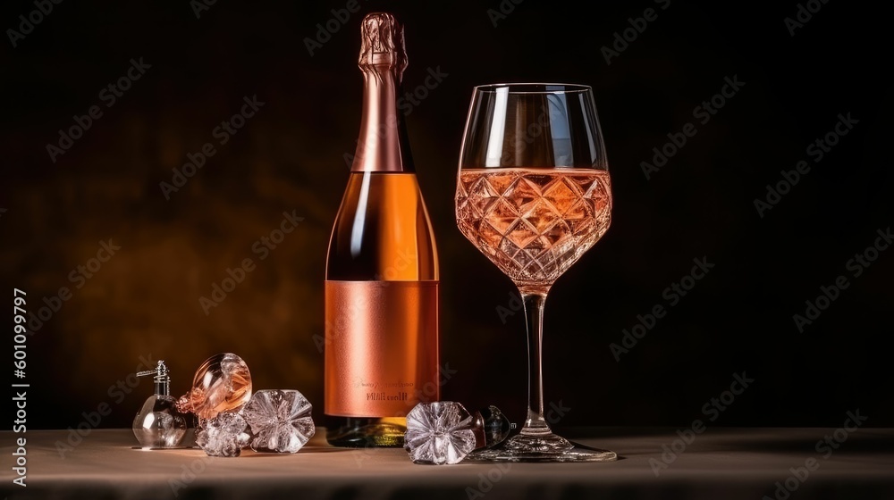 Bottle of rose sparkling wine or champagne with crystal stemware