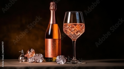 Bottle of rose sparkling wine or champagne with crystal stemware
