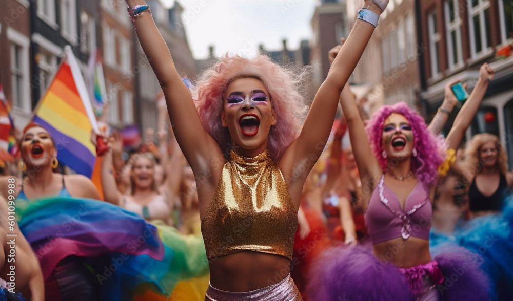 Charismatic Generative AI Drag Queens at LGBTQ Gay Pride Parade in Amsterdam. Friendship and Diversity in the LGBTQ+ Community. Amsterdam Pride Celebration
 - obrazy, fototapety, plakaty 