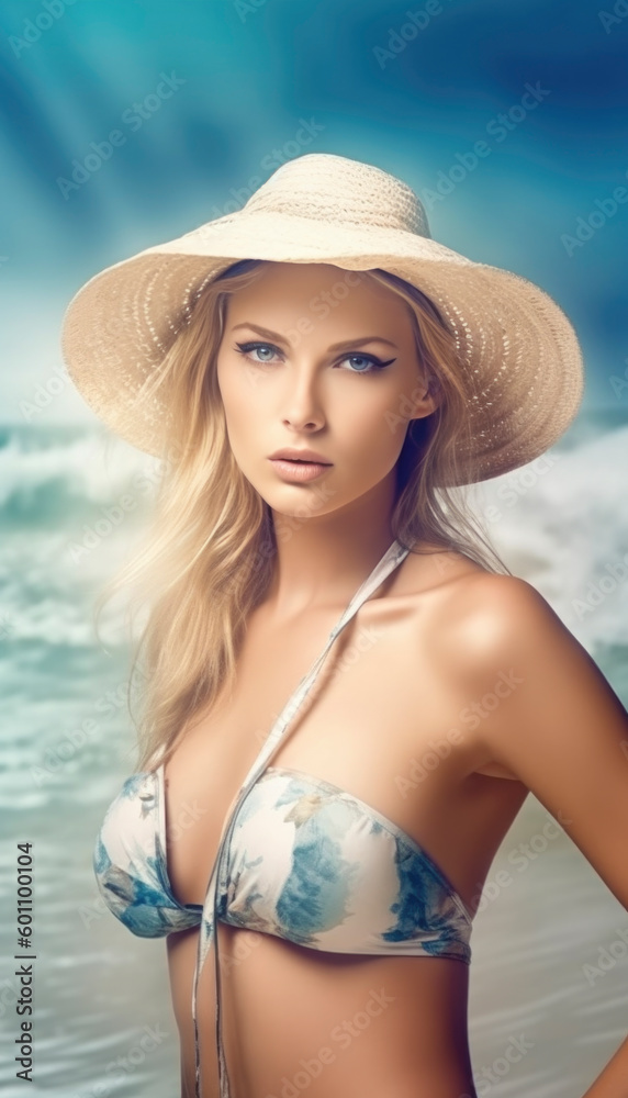 Hot beach babe wearing trendy beach wear in the summer. Generative AI illustrations