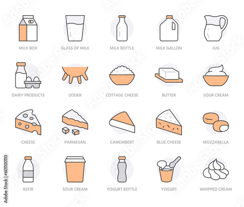 Dairy products line icon set. Jug, kefir, eggs, cow udder, cottage cheese, bottle, yogurt, cheddar minimal vector illustration. Simple outline sign for milk food. Orange color. Editable Stroke