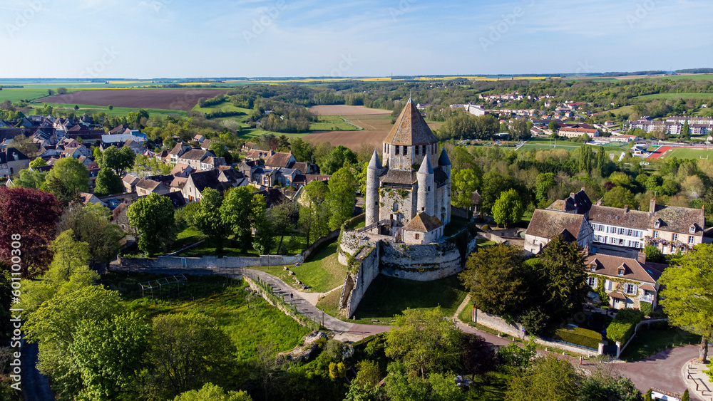 Obraz Aerial view of the Tour César ("Caesar tower") in Provins, a medieval city in Seine et Marne, France - Octagonal dungeon with a square base on top of a hill fototapeta, plakat