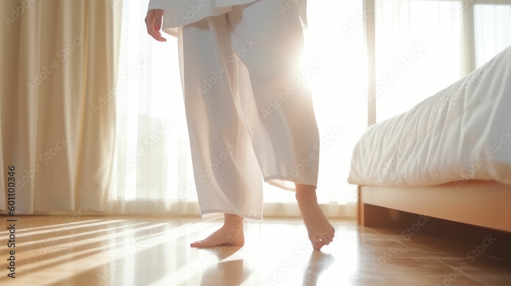 custom made wallpaper toronto digitalClose-up of an Asian girl stepping down from bed wearing white pajamas