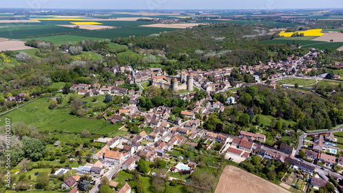 Aerial view of the French castle of Blandy les Tours in Seine et Marne - Medieval feudal fortress with an hexagonal enclosure protected by large round towers