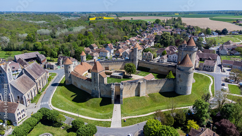 Aerial view of the French castle of Blandy les Tours in Seine et Marne - Medieval feudal fortress with an hexagonal enclosure protected by large round towers photo