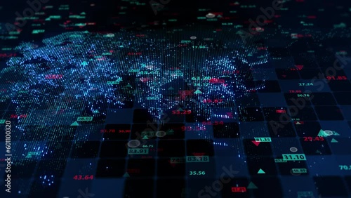 Slowly changing illumination of a digital map of the Earth. Movable camera. Lights of megalopolises blend in soft glow. Perfect background for any video, graphics or project. Looped, 4K
