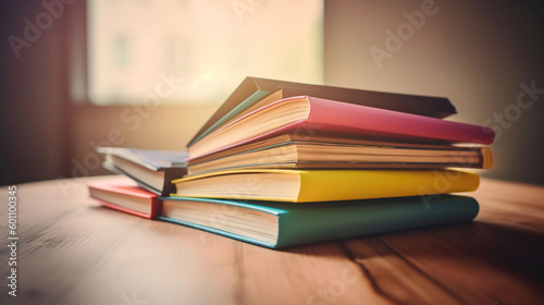 Stack of books in the colored cover lay and open book with old pages on the wooden table and pastel background. Education learning concept. Generative AI