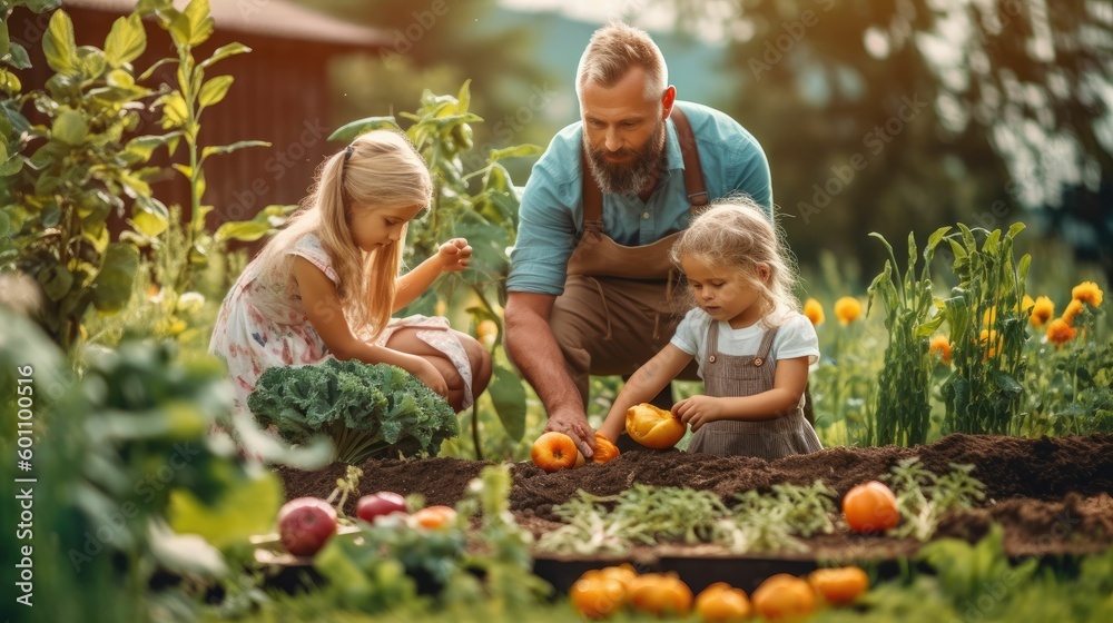 Family gardening in backyard vegetable garden