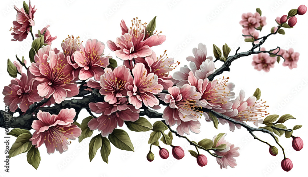Fruit tree branch isolated. Sakura flowers on a white background. Pink blooming flowers, cherry. Generative AI.