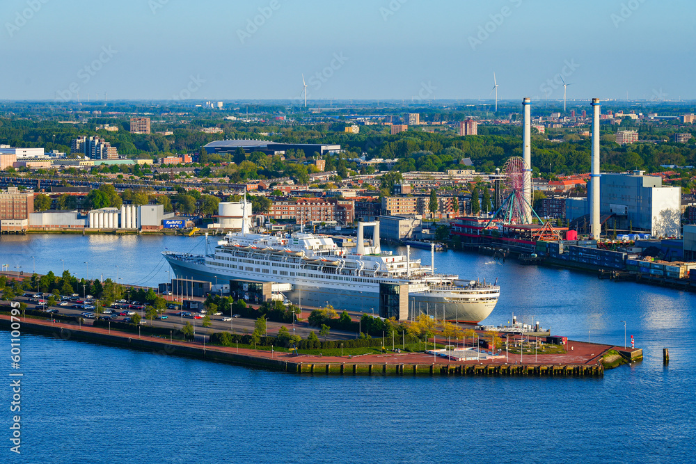 Aerial view of a large cruise ship moored in the New Meuse river in Rotterdam, the Netherlands