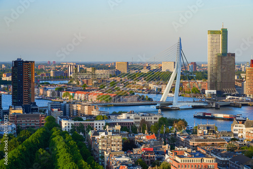 View of the Erasmus Bridge from the top of the Euromast television tower in Rotterdam - Futuristic suspension bridge over the river Meuse in the Netherlands