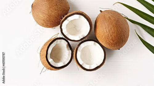 A coconuts, whole and cracked on halves, isolated on white background. Raw fruit of tropical palm. Generative AI