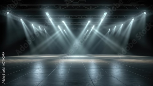 Spotlights shining on stage floor in dark room