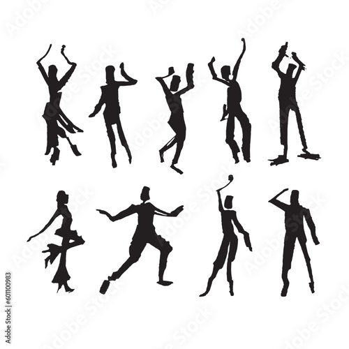 Vector hand-drawn silhouettes of dancing people. Isolated paint blots.