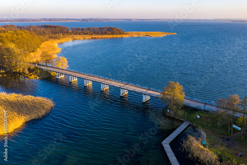 Wallpaper Mural Masurian Lake District in Poland - bridge over lake, beautifiul drone landscape, blue water, forest, autumn sunset time, Mazury great lakes Torontodigital.ca