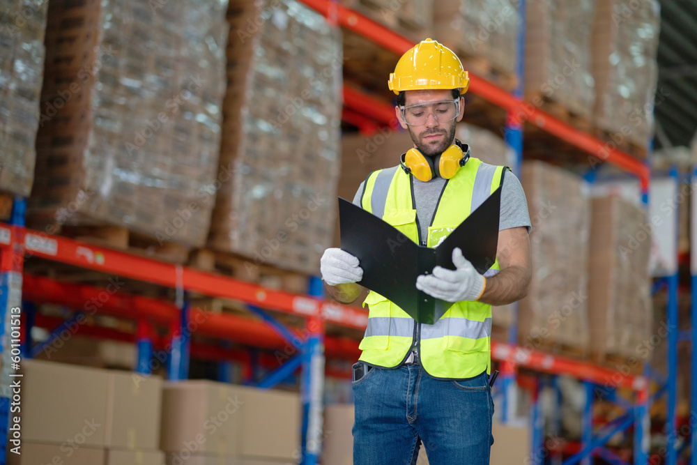 A male manager is checking inventory inside a warehouse. A male manager is checking inventory inside a warehouse.