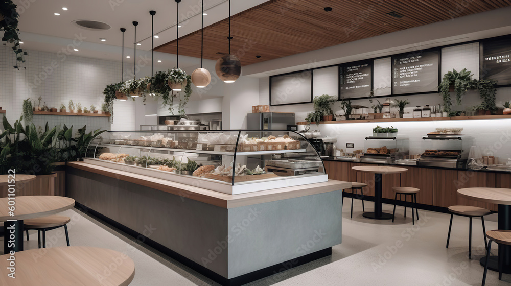 A modern and minimalist food court with a focus on health and wellness. Feature fresh and wholesome ingredients, with a range of vegan, gluten-free, and paleo options. Generative AI