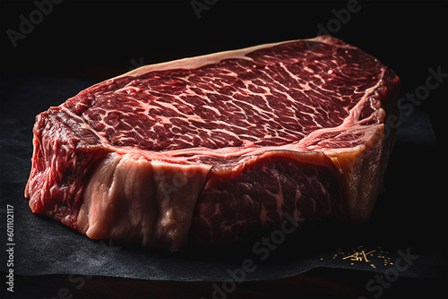 A large piece of beef sits on a black plate.