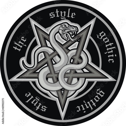 occultic sign with pentogram and snake, grunge vintage design t shirts