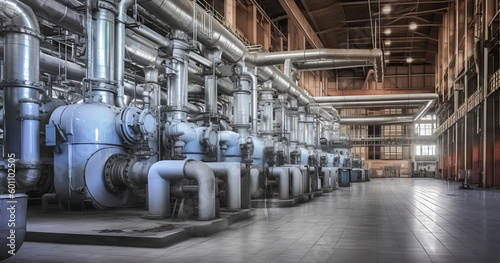 Fotobehang Thermal power plant piping and instrumentation, modern factory machinery