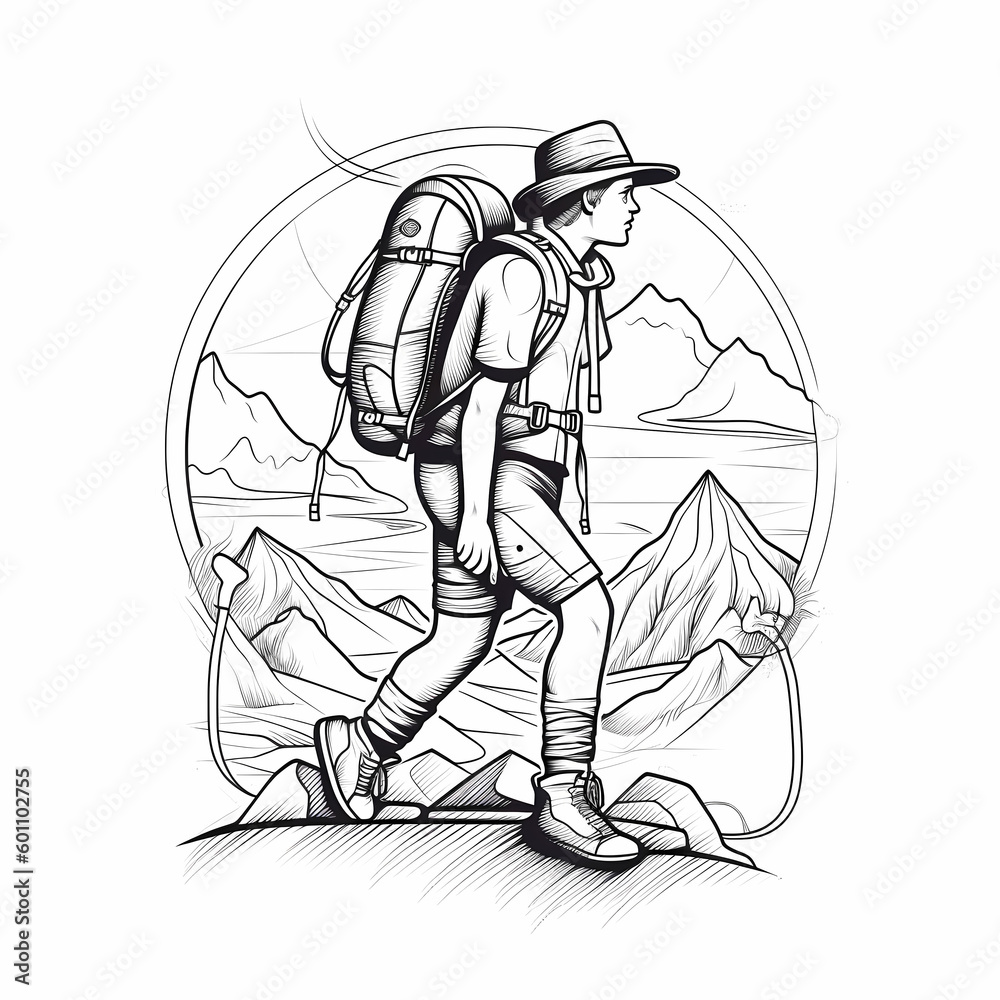 Obraz premium Hiking Adventure Line Art Design. Generative AI