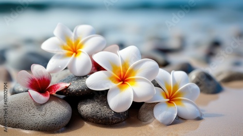 Plumeria on the seashore with pebbles