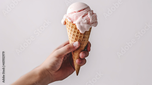 Satisfying Summer Treat, Handheld Milk Ice Cream on a Crispy Waffle Cone Held by a Mans Hand. Generative AI