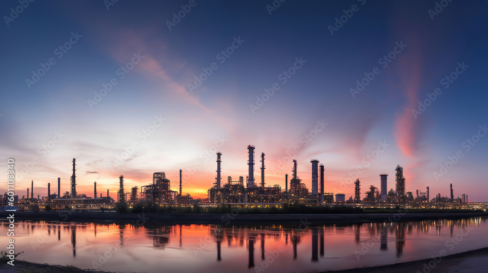 Petrochemical industrial plant power station at sunset and Twilight sky, Generative AI