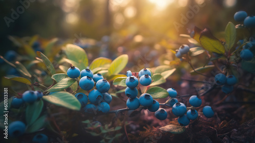 Berry-Picking Adventure, Luminous Blueberries on Bushes in a Beautiful Forest. Generative AI © Gasspoll