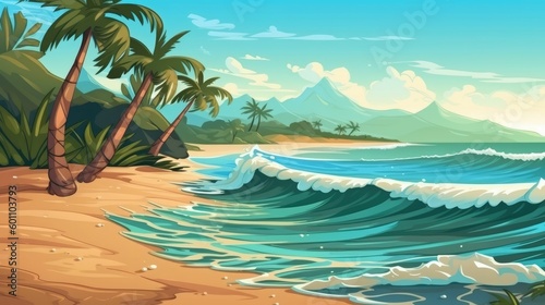 Cartoon background of tropical beach and sea