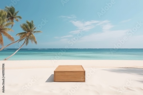 Serene Showcase: Empty Podium stage on a Tropical Beach to display summer product Generative AI Illustration © Ecleposs