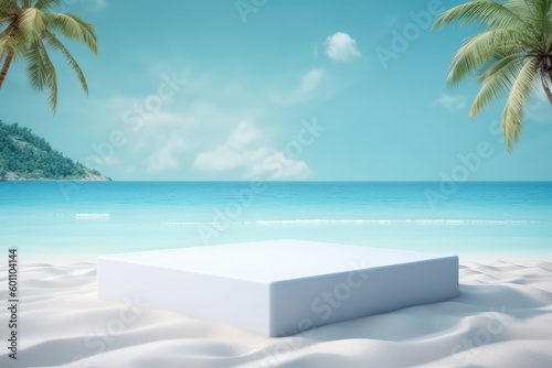 Serene Showcase  Empty Podium stage on a Tropical Beach to display summer product Generative AI Illustration